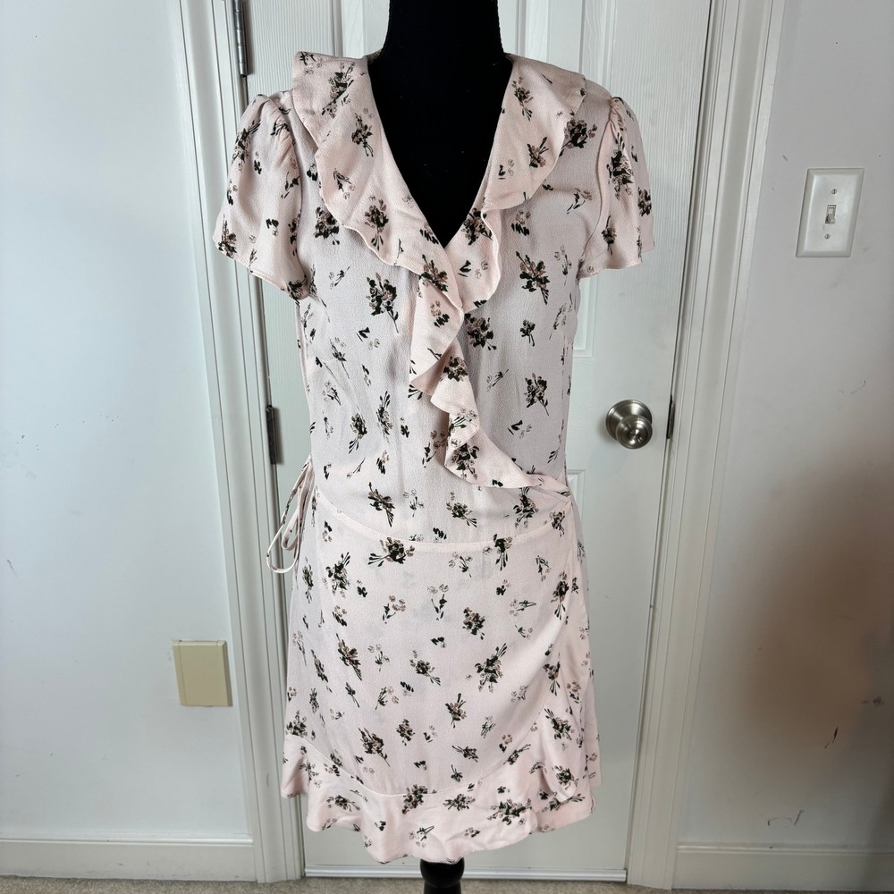 Sunday Best Aritzia Pink Floral Ruffle Wrap Mini Dress Short Sleeve Medium